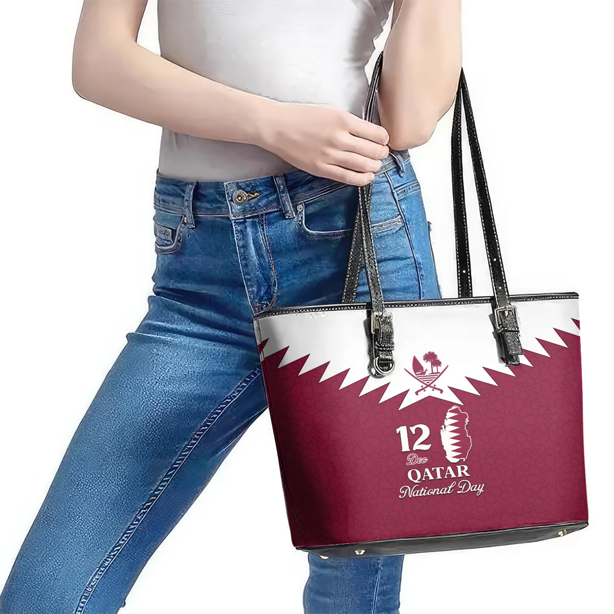 Qatar National Day Leather Tote Bag Dawlat Qatar Map Islamic Pattern - Wonder Print Shop