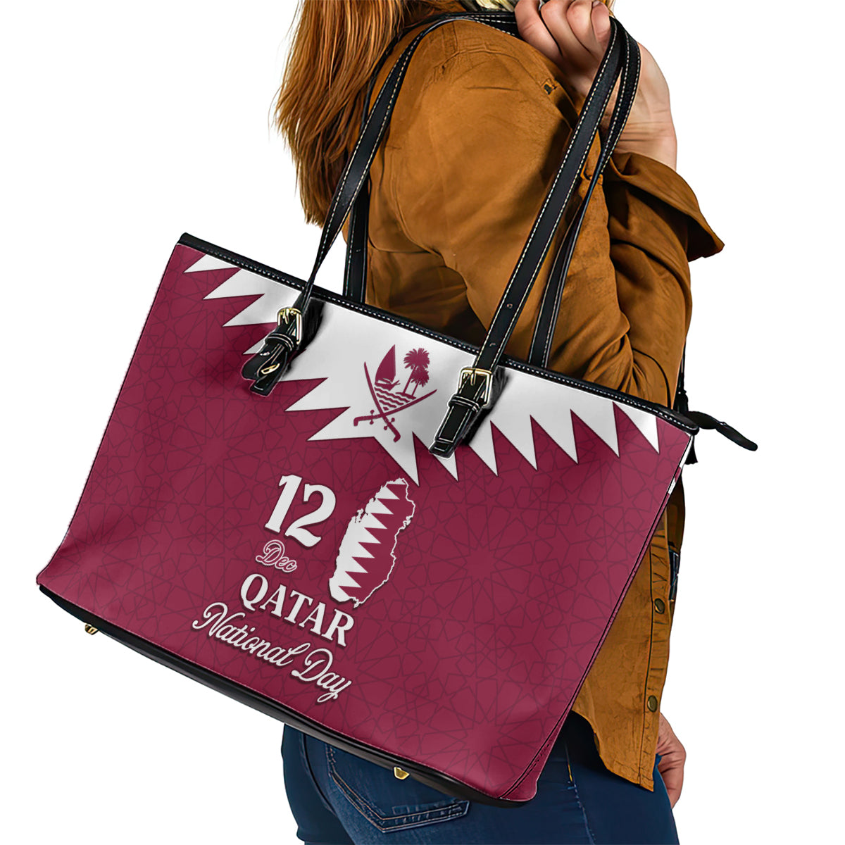 Qatar National Day Leather Tote Bag Dawlat Qatar Map Islamic Pattern - Wonder Print Shop