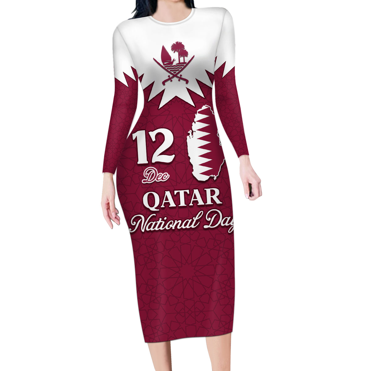 Personalised Qatar National Day Long Sleeve Bodycon Dress Dawlat Qatar Map Islamic Pattern - Wonder Print Shop
