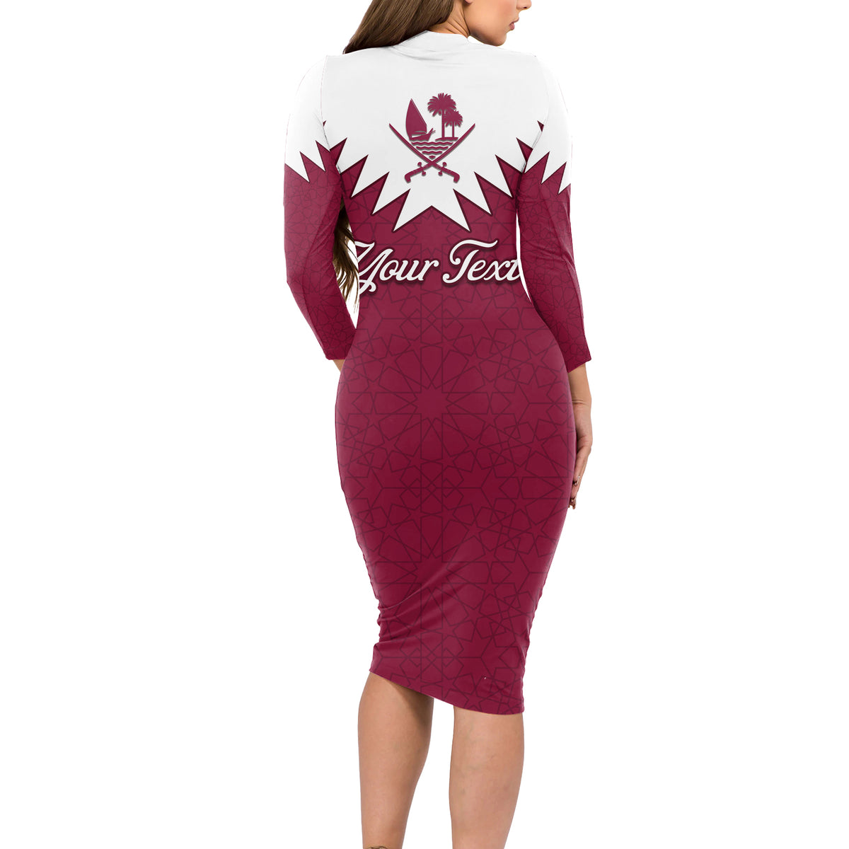 Personalised Qatar National Day Long Sleeve Bodycon Dress Dawlat Qatar Map Islamic Pattern - Wonder Print Shop