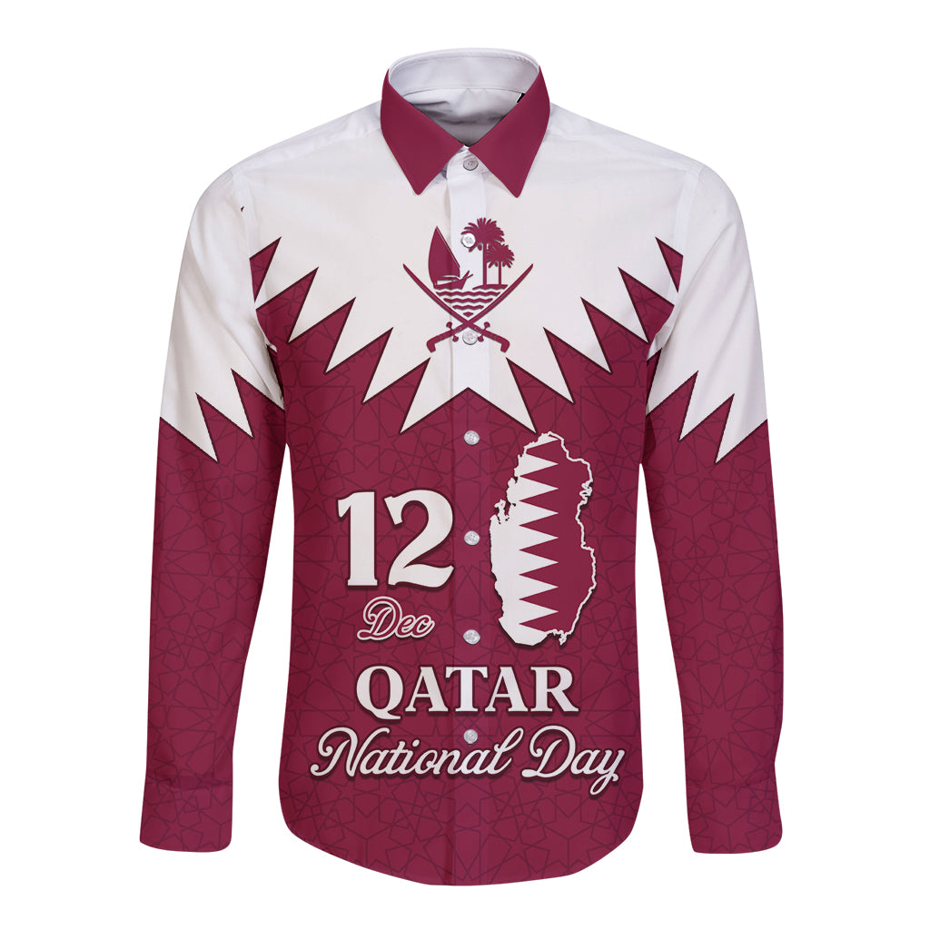 Personalised Qatar National Day Long Sleeve Button Shirt Dawlat Qatar Map Islamic Pattern - Wonder Print Shop