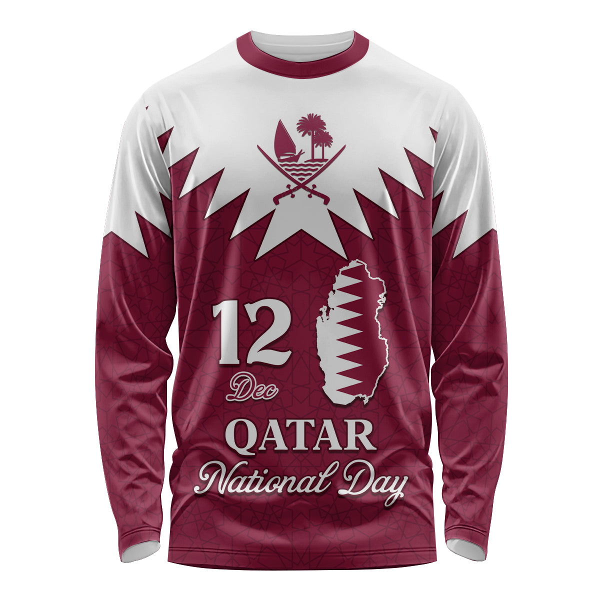 Personalised Qatar National Day Long Sleeve Shirt Dawlat Qatar Map Islamic Pattern - Wonder Print Shop