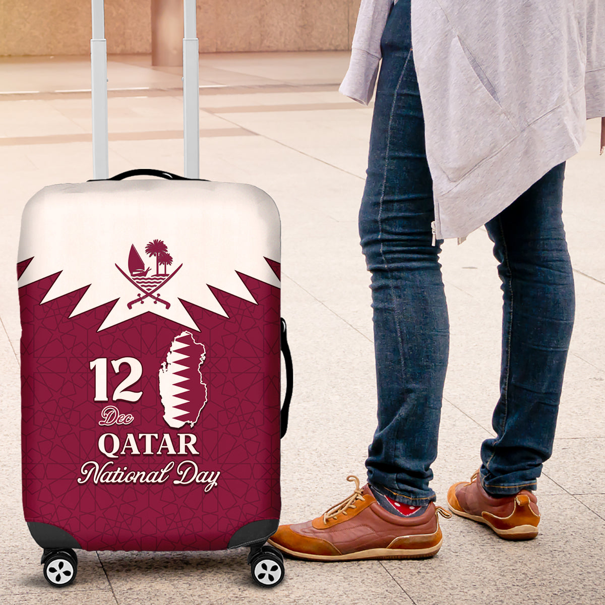 Qatar National Day Luggage Cover Dawlat Qatar Map Islamic Pattern - Wonder Print Shop