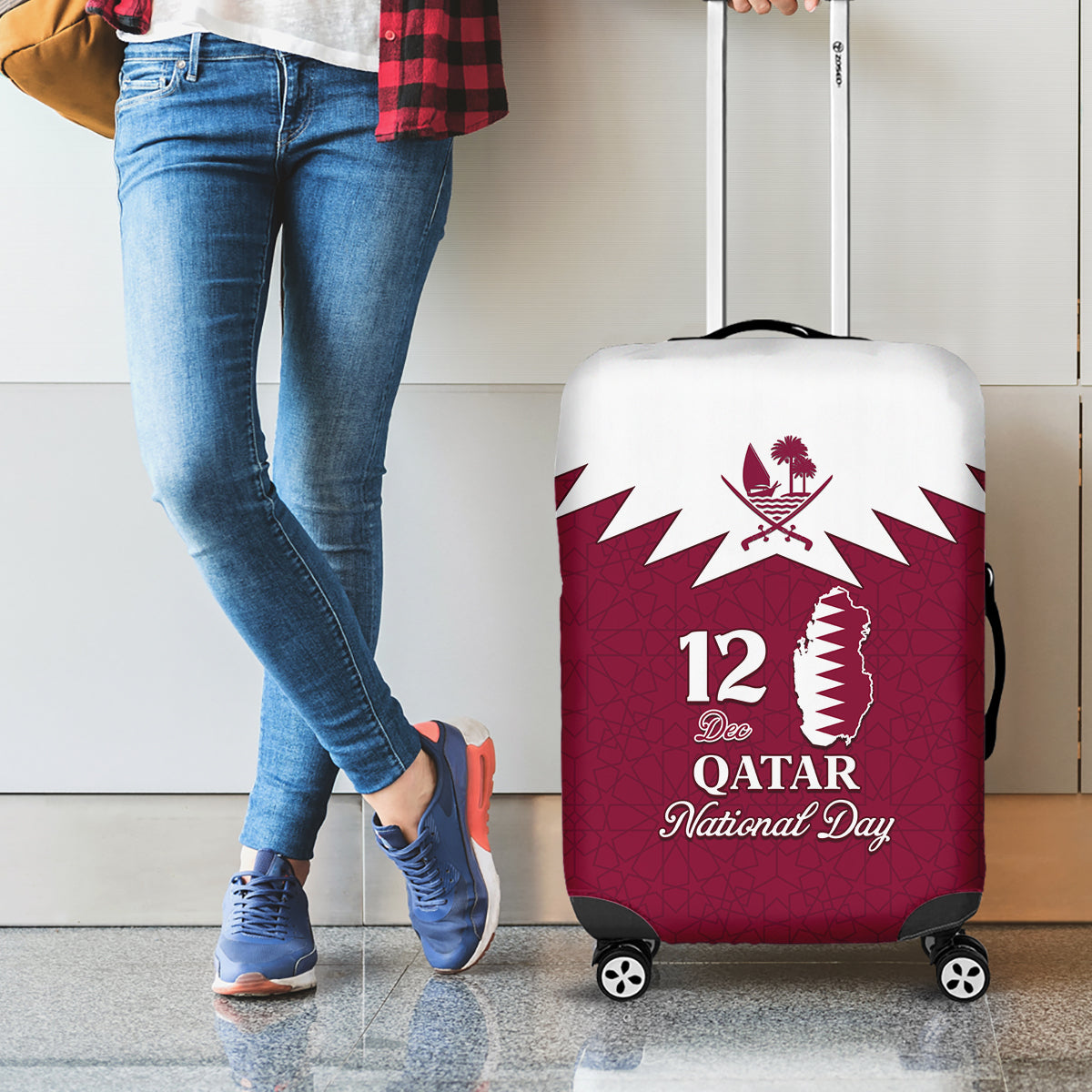 Qatar National Day Luggage Cover Dawlat Qatar Map Islamic Pattern - Wonder Print Shop