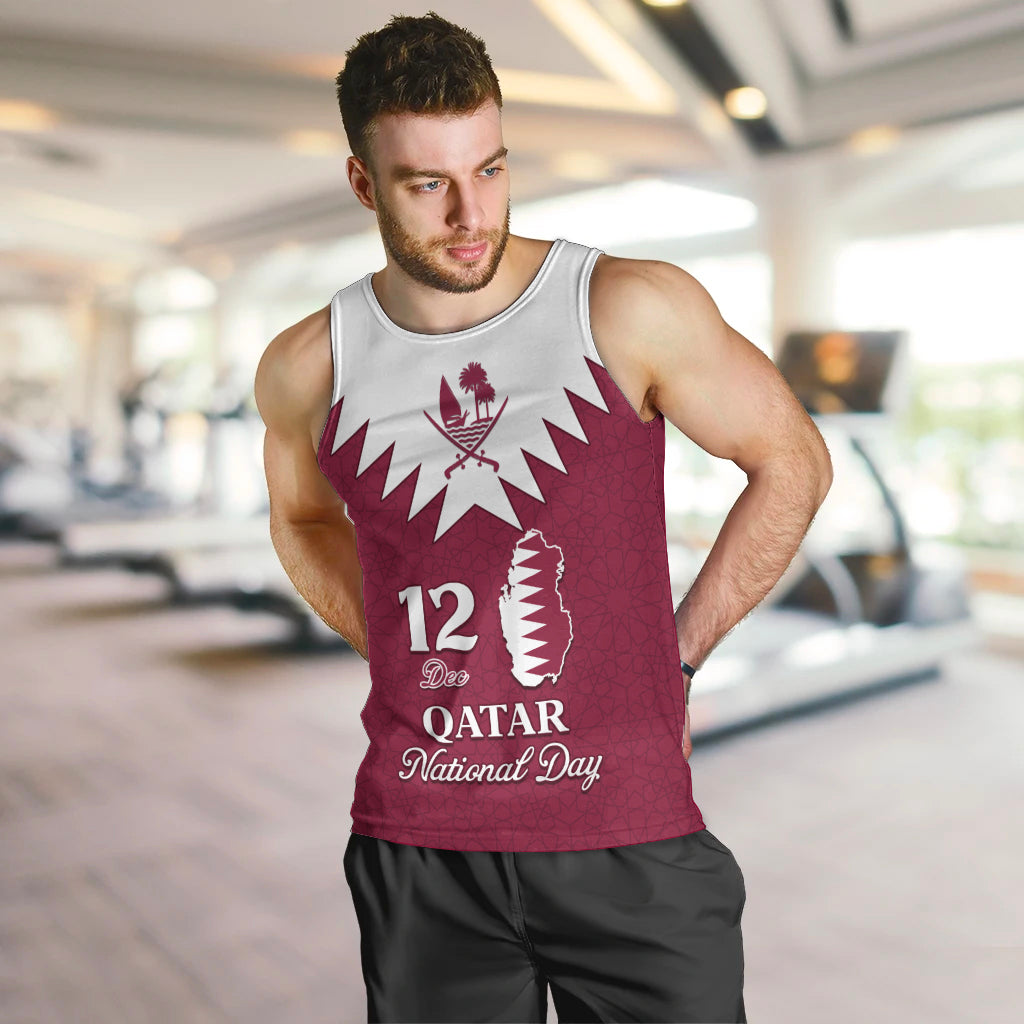 Personalised Qatar National Day Men Tank Top Dawlat Qatar Map Islamic Pattern - Wonder Print Shop
