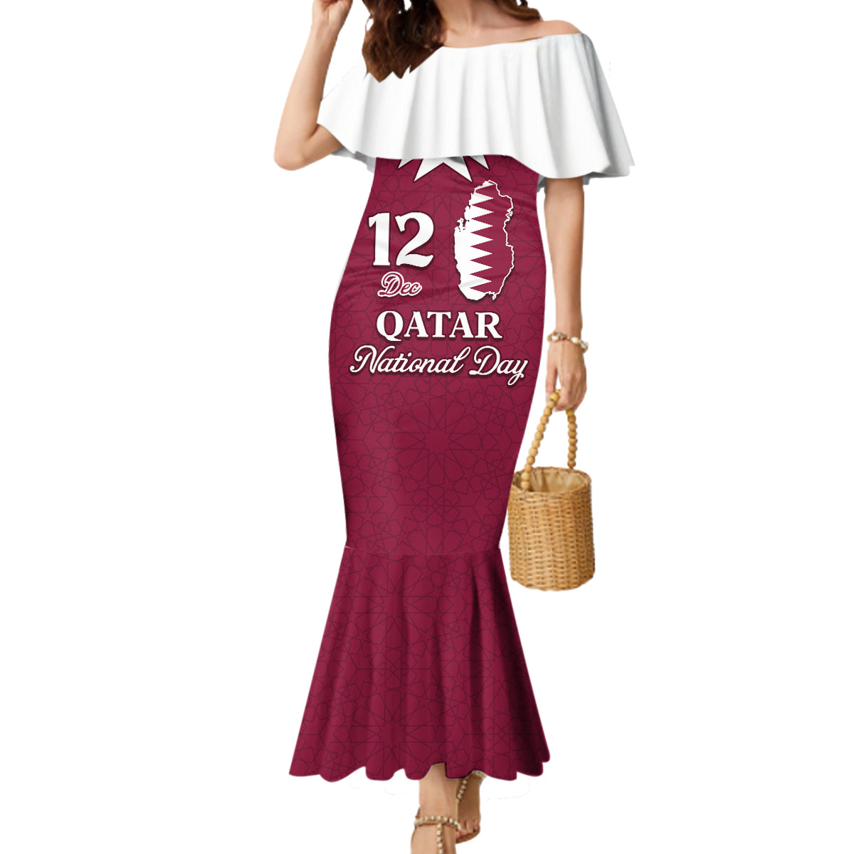 Personalised Qatar National Day Mermaid Dress Dawlat Qatar Map Islamic Pattern - Wonder Print Shop