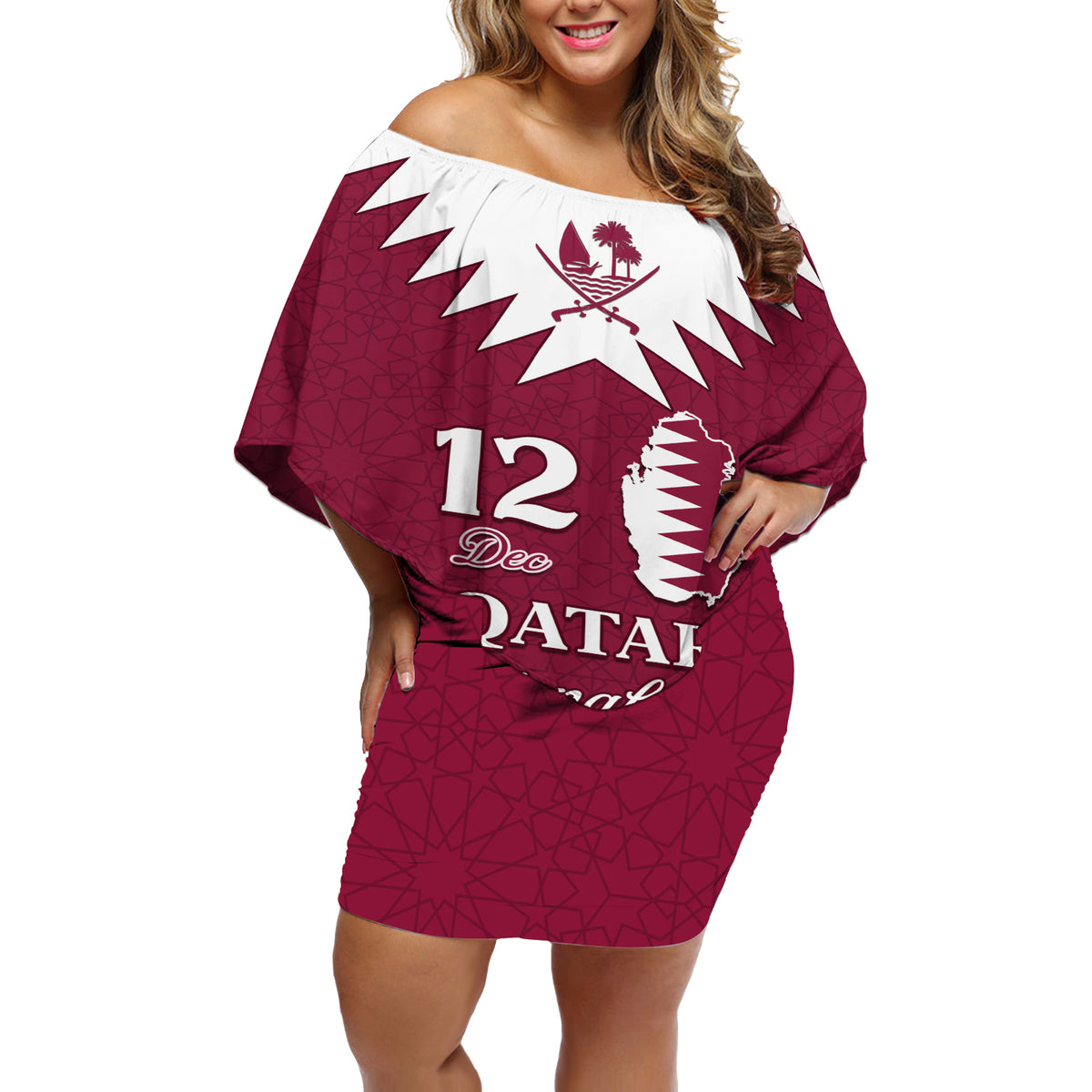 Personalised Qatar National Day Off Shoulder Short Dress Dawlat Qatar Map Islamic Pattern - Wonder Print Shop