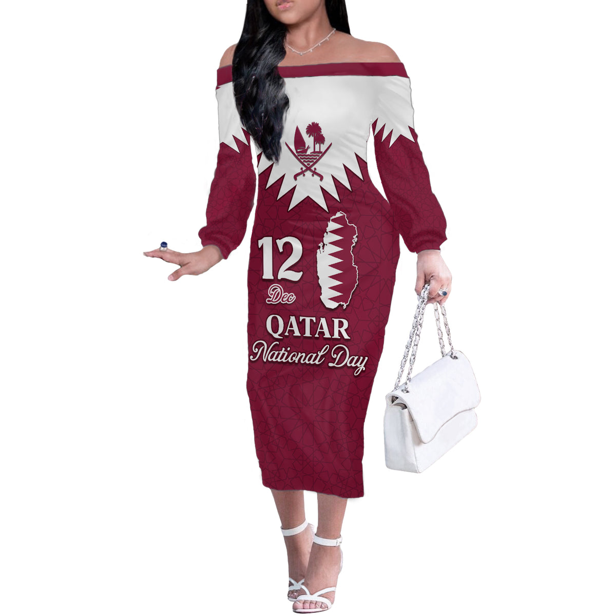 Personalised Qatar National Day Off The Shoulder Long Sleeve Dress Dawlat Qatar Map Islamic Pattern - Wonder Print Shop