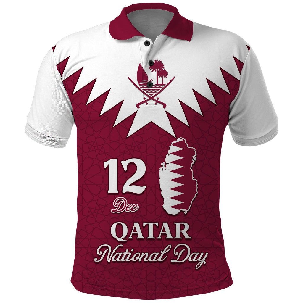 Personalised Qatar National Day Polo Shirt Dawlat Qatar Map Islamic Pattern - Wonder Print Shop