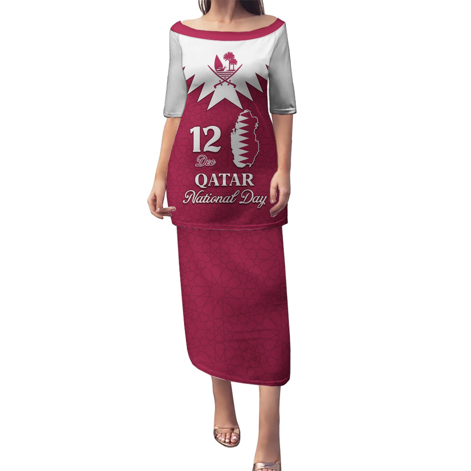 Personalised Qatar National Day Puletasi Dawlat Qatar Map Islamic Pattern - Wonder Print Shop