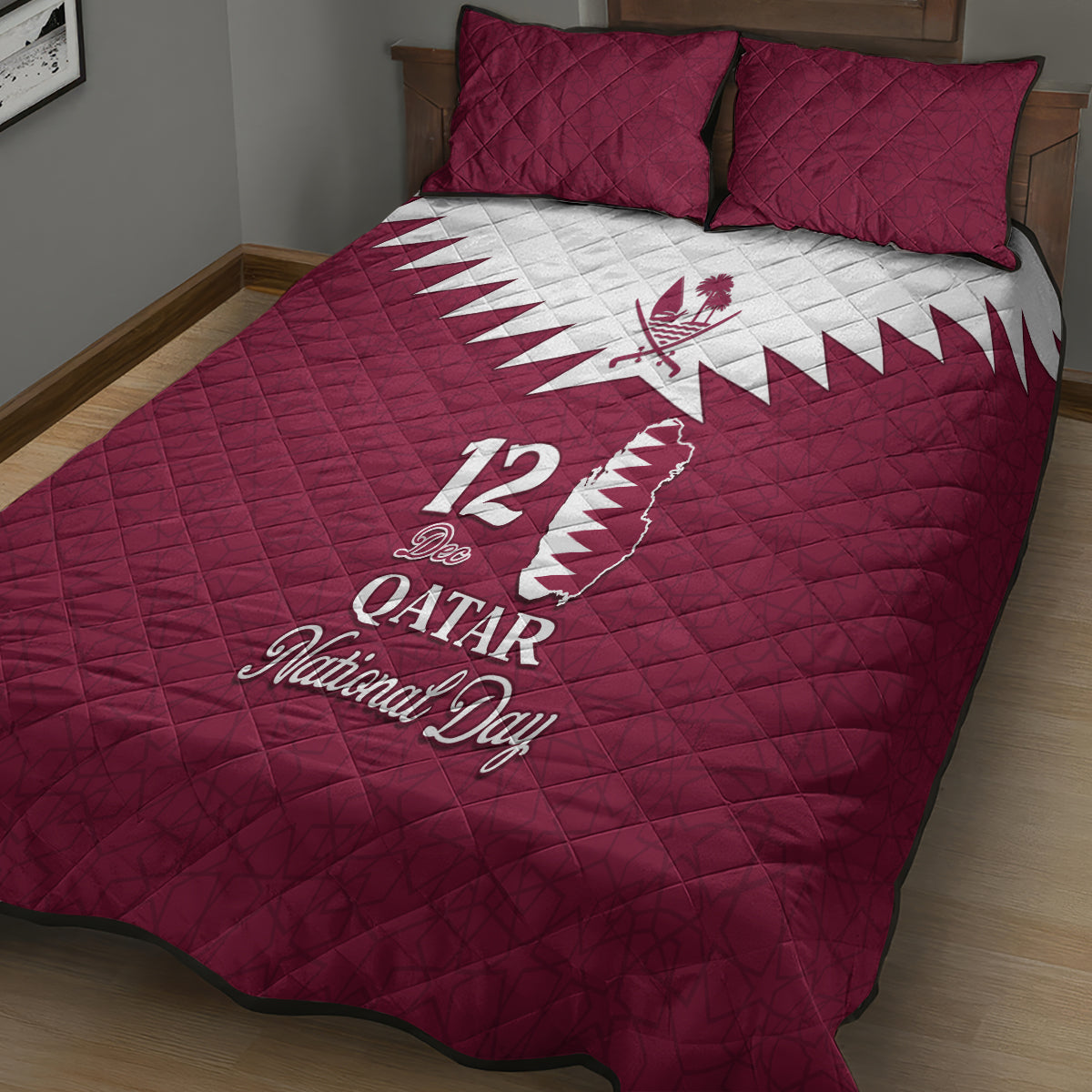 Qatar National Day Quilt Bed Set Dawlat Qatar Map Islamic Pattern - Wonder Print Shop