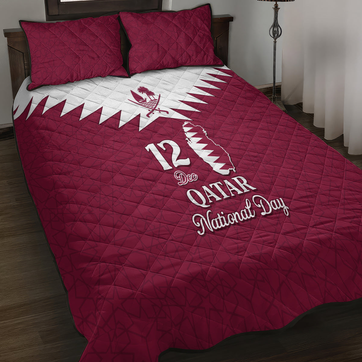 Qatar National Day Quilt Bed Set Dawlat Qatar Map Islamic Pattern - Wonder Print Shop