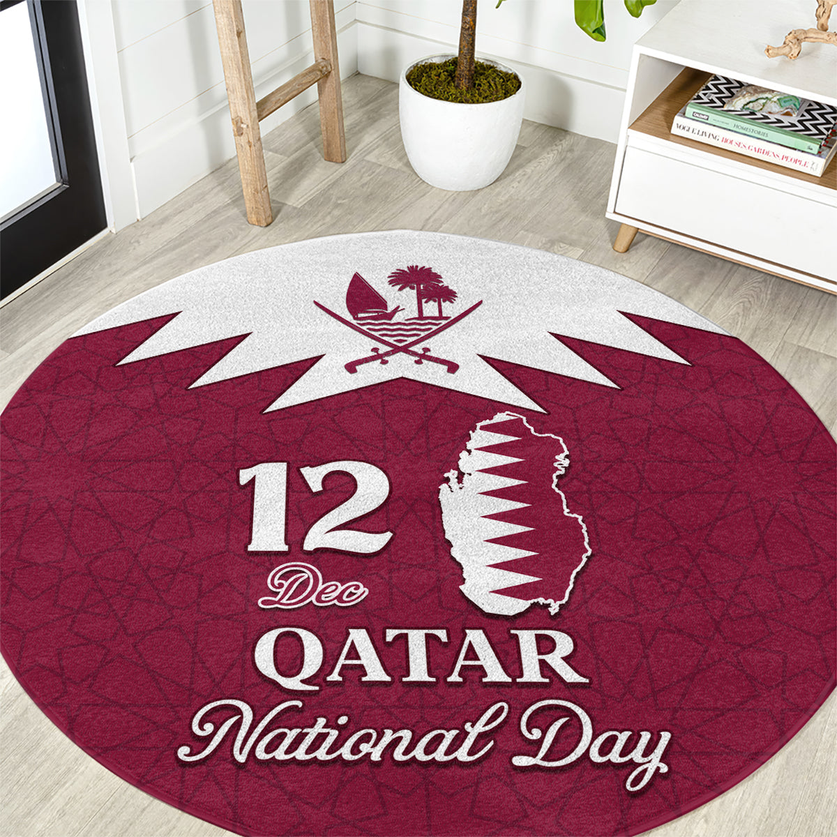 personalised-qatar-national-day-round-carpet-dawlat-qatar-map-islamic-pattern