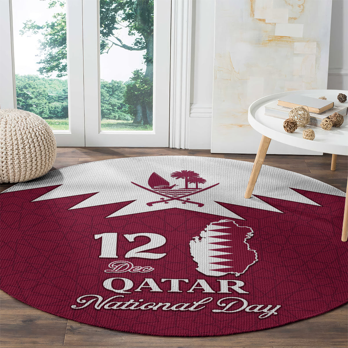 personalised-qatar-national-day-round-carpet-dawlat-qatar-map-islamic-pattern