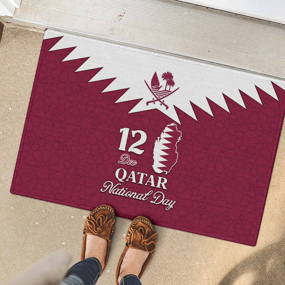 Qatar National Day Rubber Doormat Dawlat Qatar Map Islamic Pattern - Wonder Print Shop
