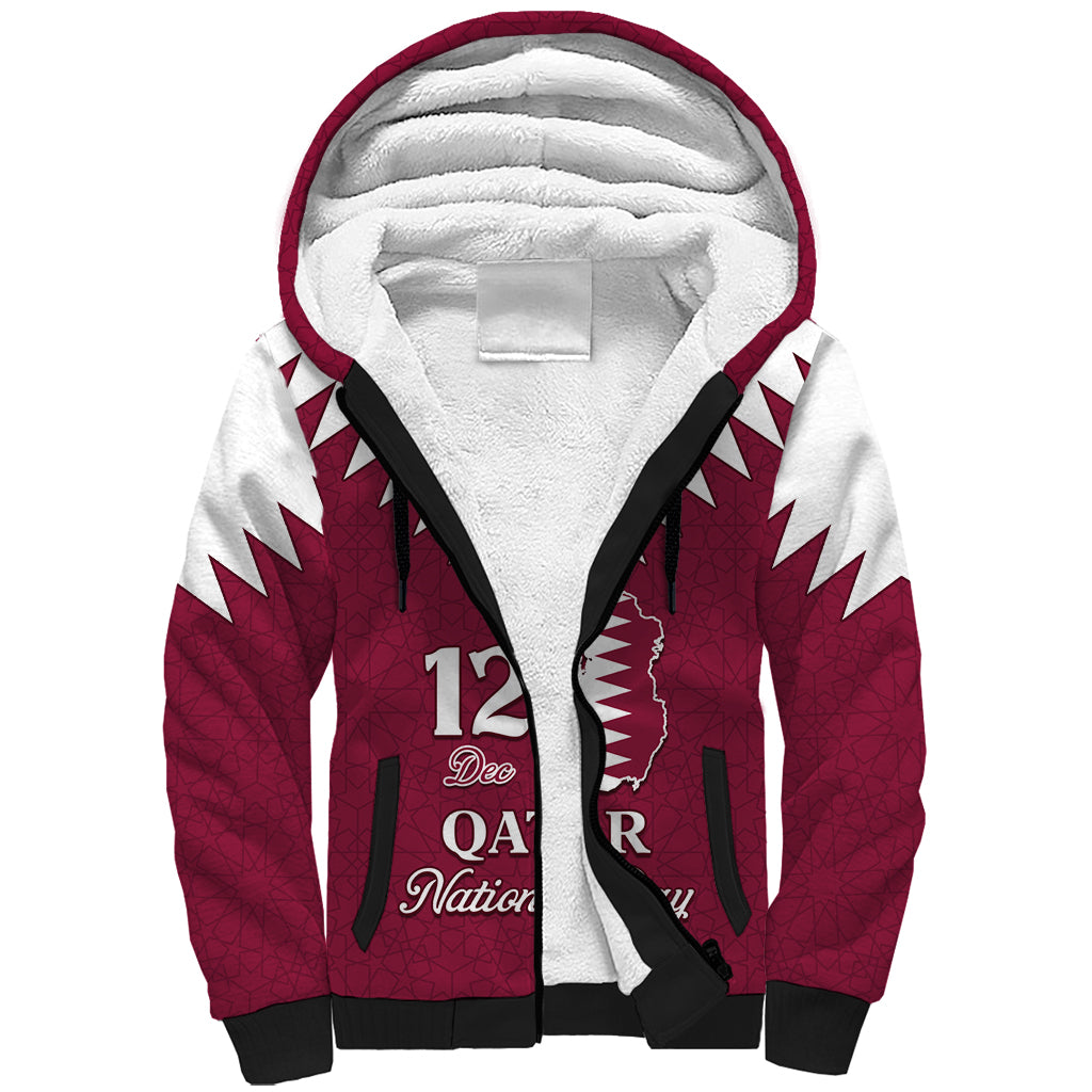 Personalised Qatar National Day Sherpa Hoodie Dawlat Qatar Map Islamic Pattern - Wonder Print Shop