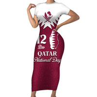 Personalised Qatar National Day Short Sleeve Bodycon Dress Dawlat Qatar Map Islamic Pattern - Wonder Print Shop