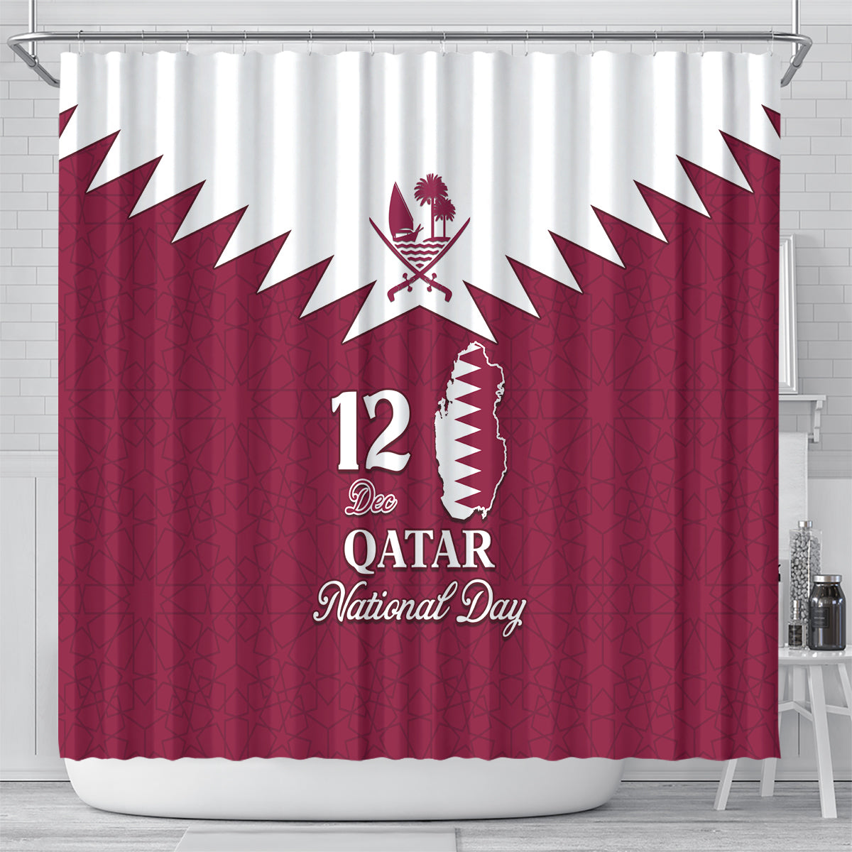 personalised-qatar-national-day-shower-curtain-dawlat-qatar-map-islamic-pattern