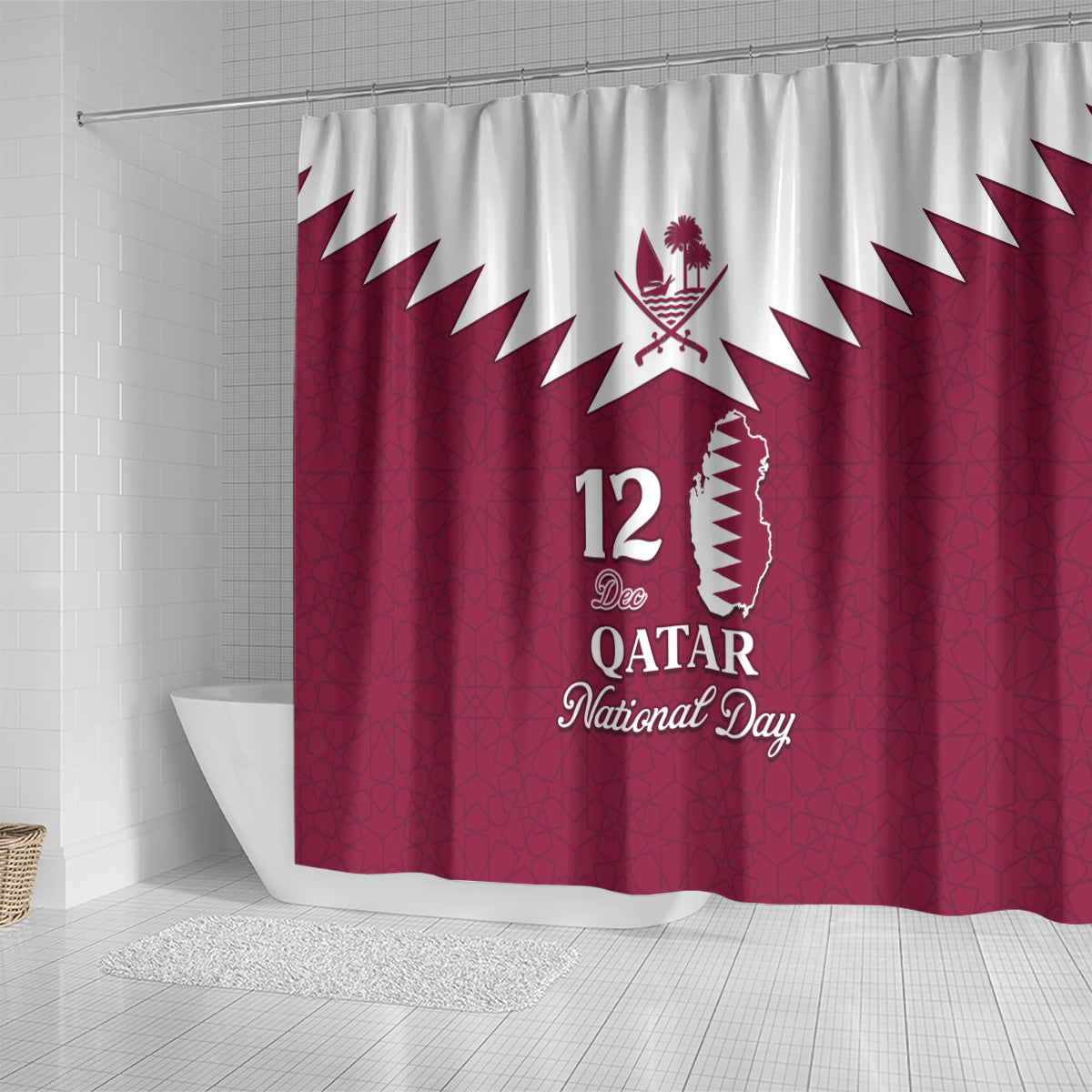 personalised-qatar-national-day-shower-curtain-dawlat-qatar-map-islamic-pattern