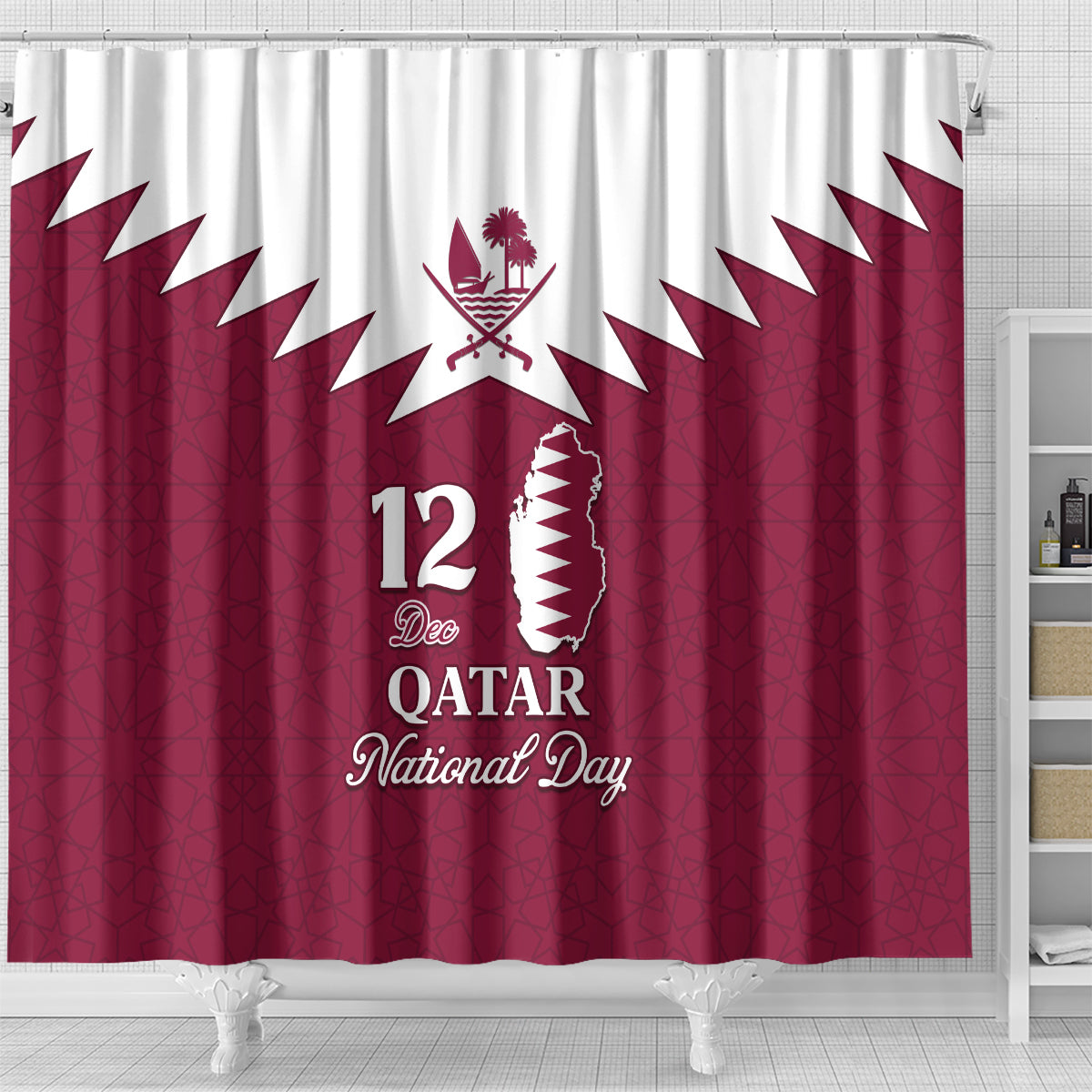 personalised-qatar-national-day-shower-curtain-dawlat-qatar-map-islamic-pattern