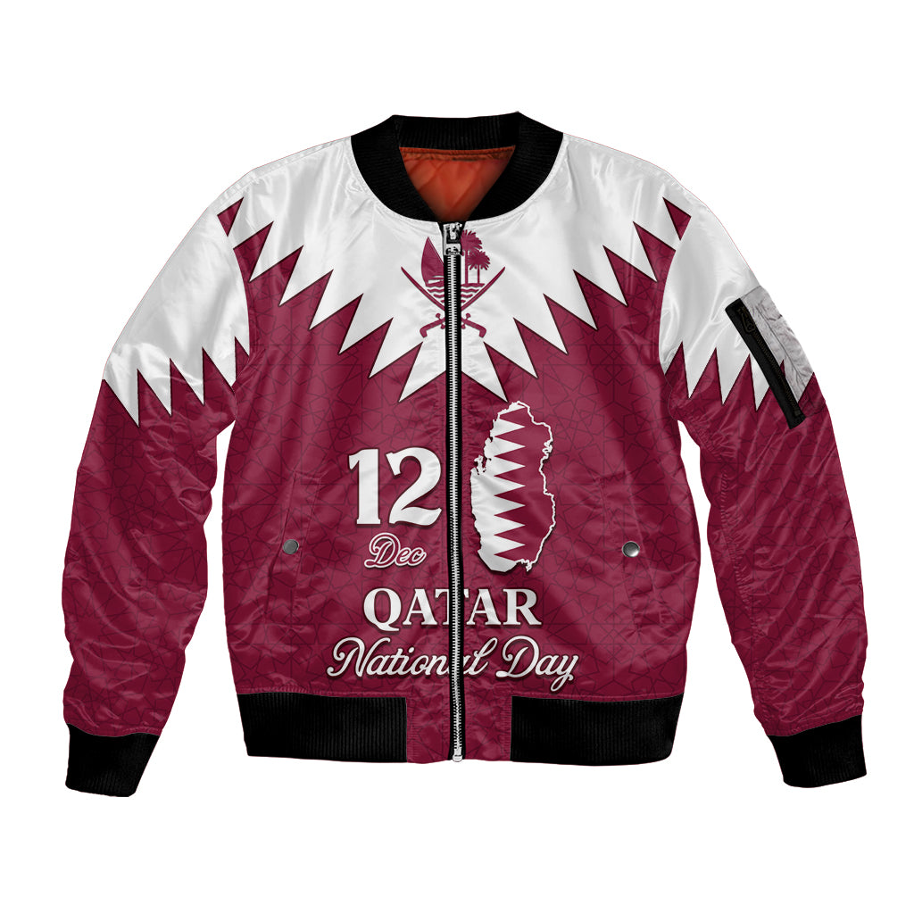 Personalised Qatar National Day Sleeve Zip Bomber Jacket Dawlat Qatar Map Islamic Pattern - Wonder Print Shop