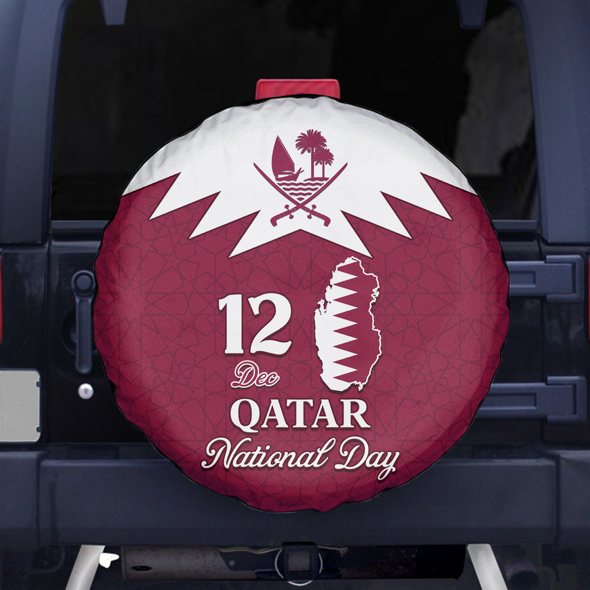Qatar National Day Spare Tire Cover Dawlat Qatar Map Islamic Pattern - Wonder Print Shop