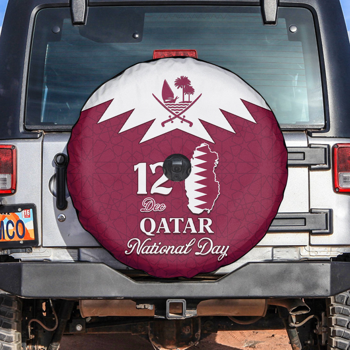 Qatar National Day Spare Tire Cover Dawlat Qatar Map Islamic Pattern - Wonder Print Shop