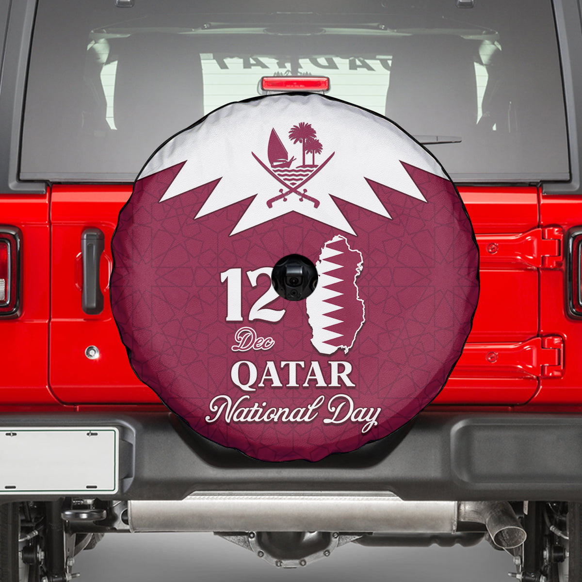 Qatar National Day Spare Tire Cover Dawlat Qatar Map Islamic Pattern - Wonder Print Shop
