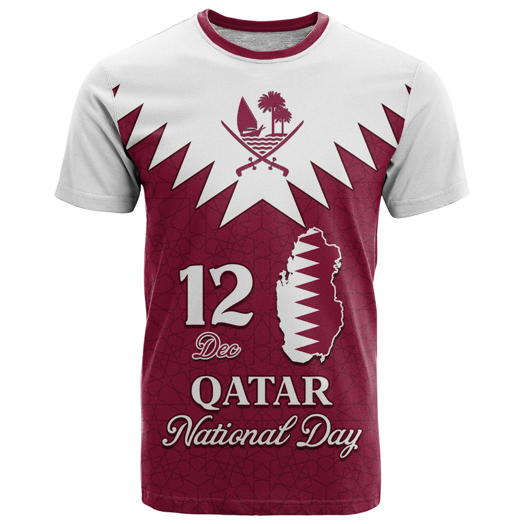 Personalised Qatar National Day T Shirt Dawlat Qatar Map Islamic Pattern - Wonder Print Shop