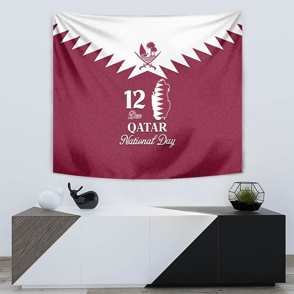 Qatar National Day Tapestry Dawlat Qatar Map Islamic Pattern - Wonder Print Shop