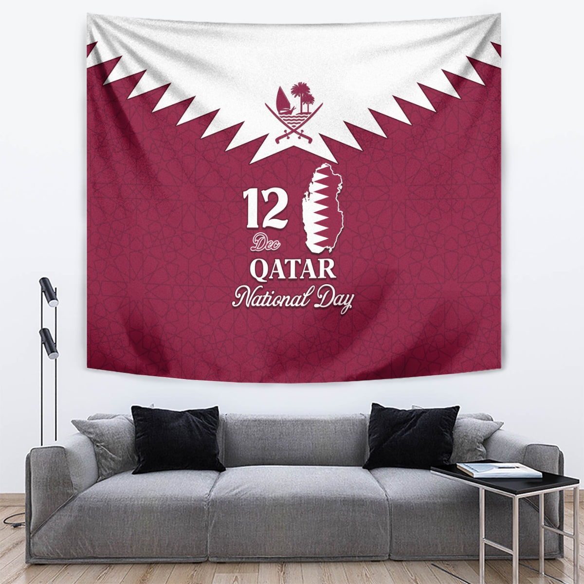 Qatar National Day Tapestry Dawlat Qatar Map Islamic Pattern - Wonder Print Shop
