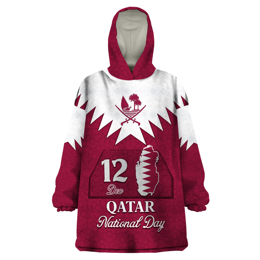 Personalised Qatar National Day Wearable Blanket Hoodie Dawlat Qatar Map Islamic Pattern - Wonder Print Shop