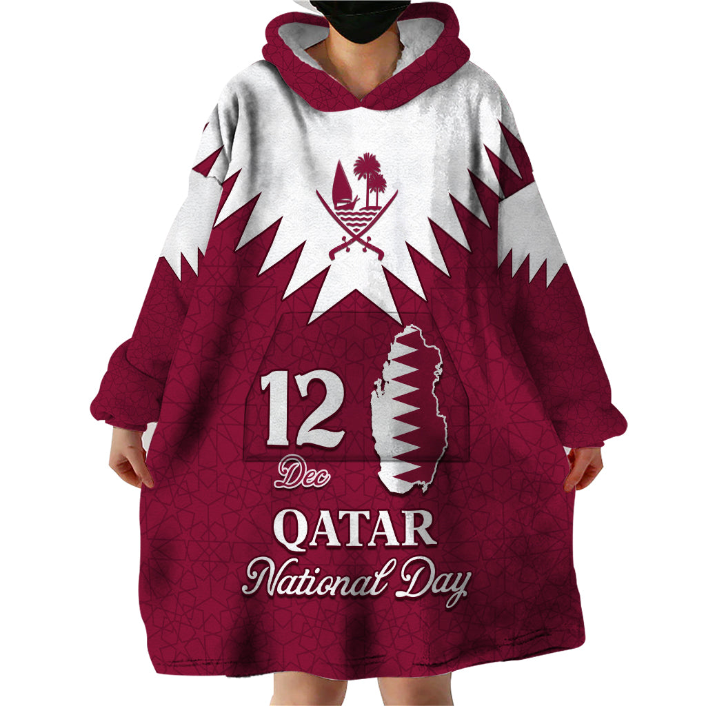 Personalised Qatar National Day Wearable Blanket Hoodie Dawlat Qatar Map Islamic Pattern - Wonder Print Shop
