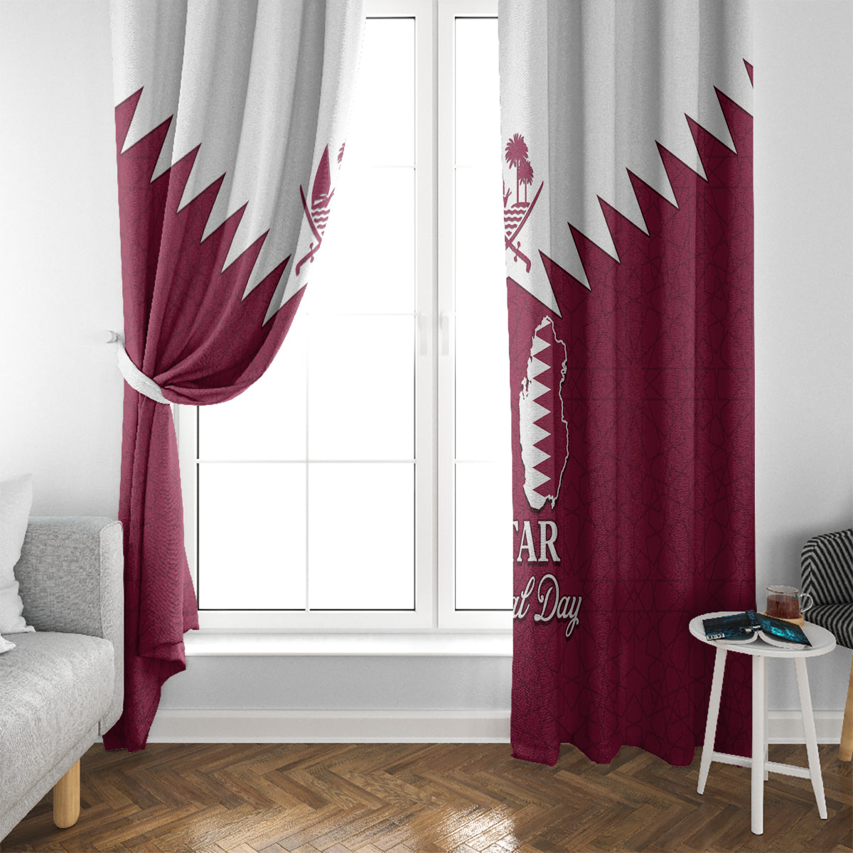 Qatar National Day Window Curtain Dawlat Qatar Map Islamic Pattern - Wonder Print Shop