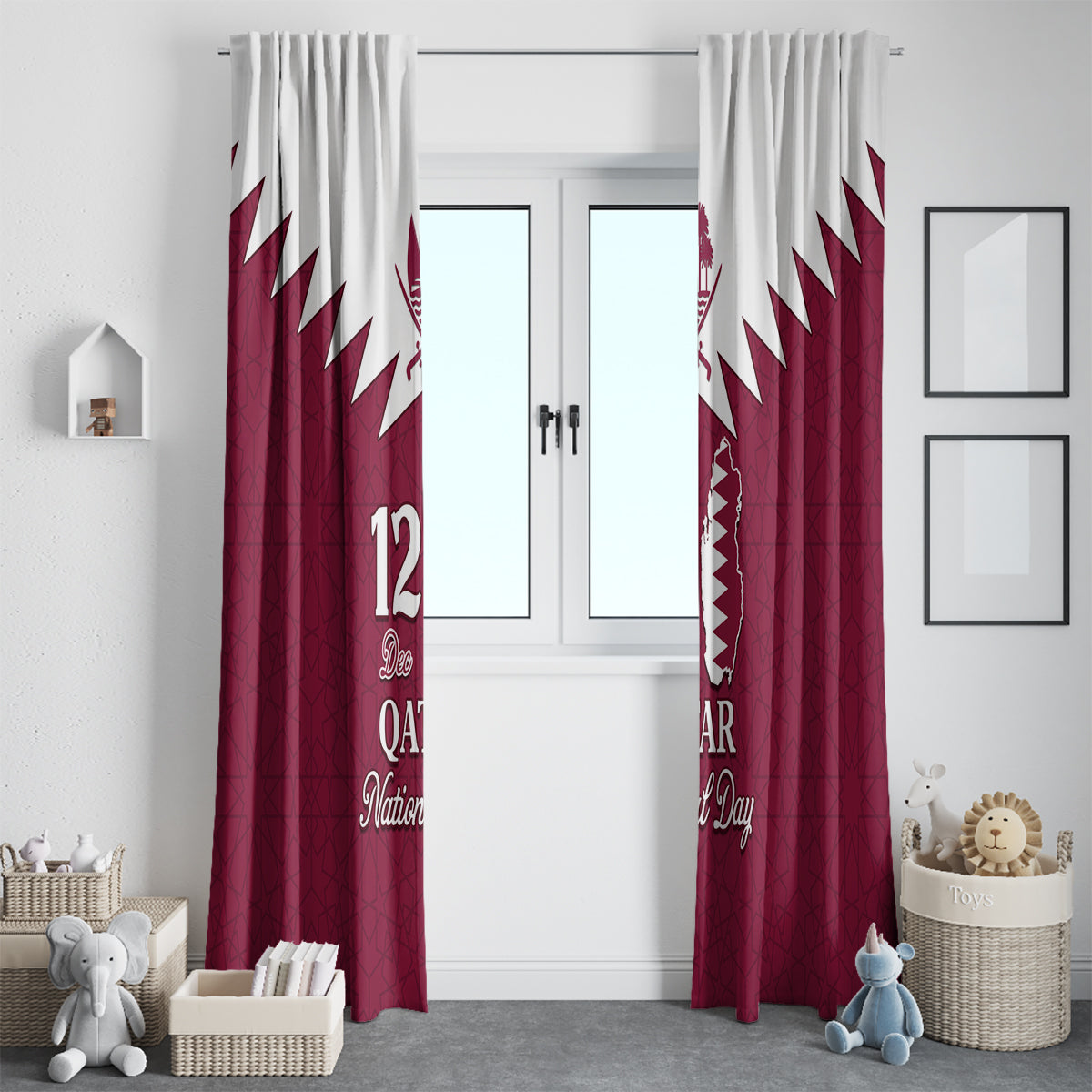 Qatar National Day Window Curtain Dawlat Qatar Map Islamic Pattern - Wonder Print Shop