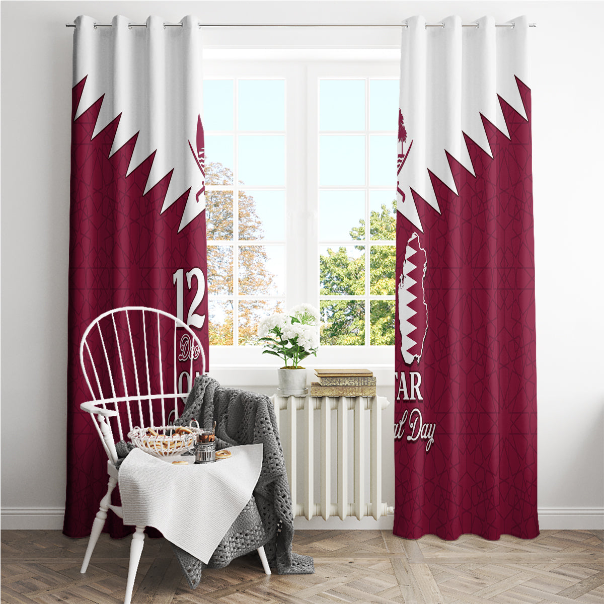 Qatar National Day Window Curtain Dawlat Qatar Map Islamic Pattern - Wonder Print Shop