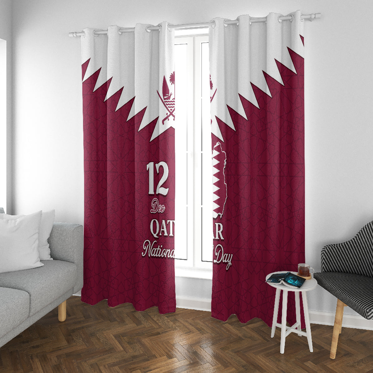 Qatar National Day Window Curtain Dawlat Qatar Map Islamic Pattern - Wonder Print Shop
