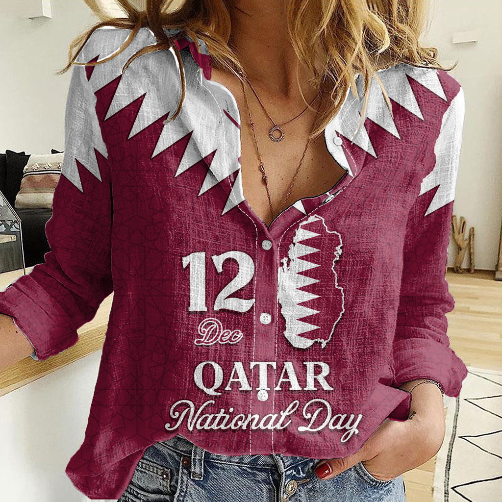 Personalised Qatar National Day Women Casual Shirt Dawlat Qatar Map Islamic Pattern - Wonder Print Shop