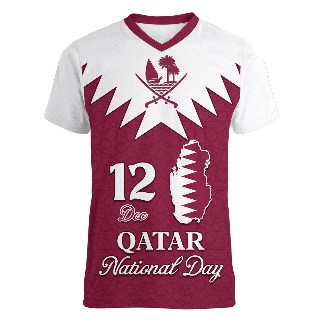 Personalised Qatar National Day Women V Neck T Shirt Dawlat Qatar Map Islamic Pattern - Wonder Print Shop
