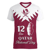 Personalised Qatar National Day Women V Neck T Shirt Dawlat Qatar Map Islamic Pattern - Wonder Print Shop