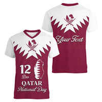 Personalised Qatar National Day Women V Neck T Shirt Dawlat Qatar Map Islamic Pattern - Wonder Print Shop