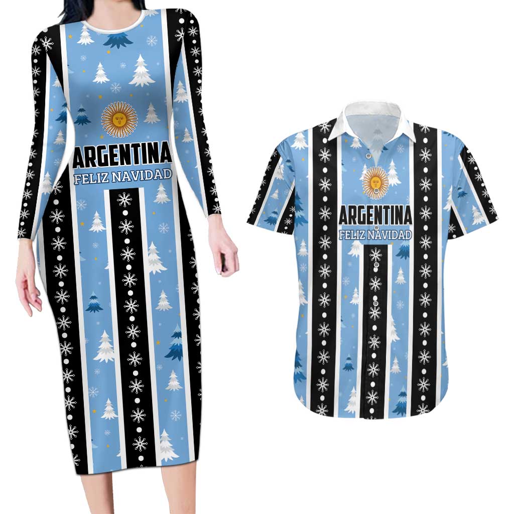 Argentina Christmas Couples Matching Long Sleeve Bodycon Dress and Hawaiian Shirt Feliz Navidad Sol de Mayo - Wonder Print Shop