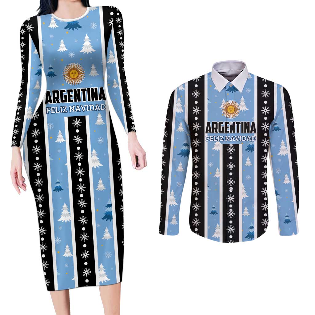 Argentina Christmas Couples Matching Long Sleeve Bodycon Dress and Long Sleeve Button Shirt Feliz Navidad Sol de Mayo - Wonder Print Shop