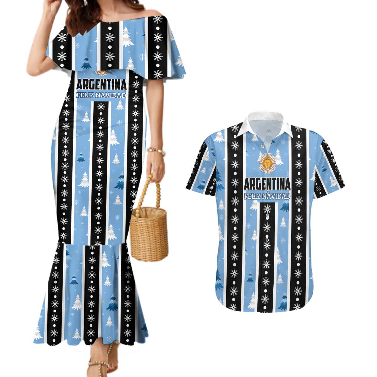 Argentina Christmas Couples Matching Mermaid Dress and Hawaiian Shirt Feliz Navidad Sol de Mayo - Wonder Print Shop