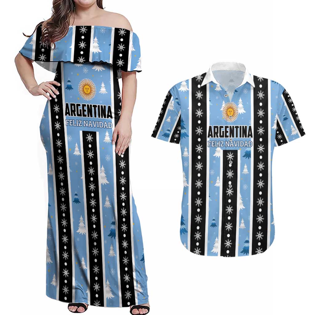 Argentina Christmas Couples Matching Off Shoulder Maxi Dress and Hawaiian Shirt Feliz Navidad Sol de Mayo - Wonder Print Shop