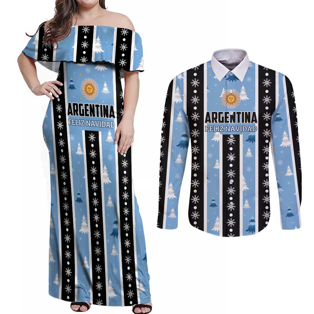 Argentina Christmas Couples Matching Off Shoulder Maxi Dress and Long Sleeve Button Shirt Feliz Navidad Sol de Mayo - Wonder Print Shop
