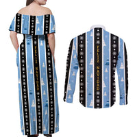 Argentina Christmas Couples Matching Off Shoulder Maxi Dress and Long Sleeve Button Shirt Feliz Navidad Sol de Mayo - Wonder Print Shop