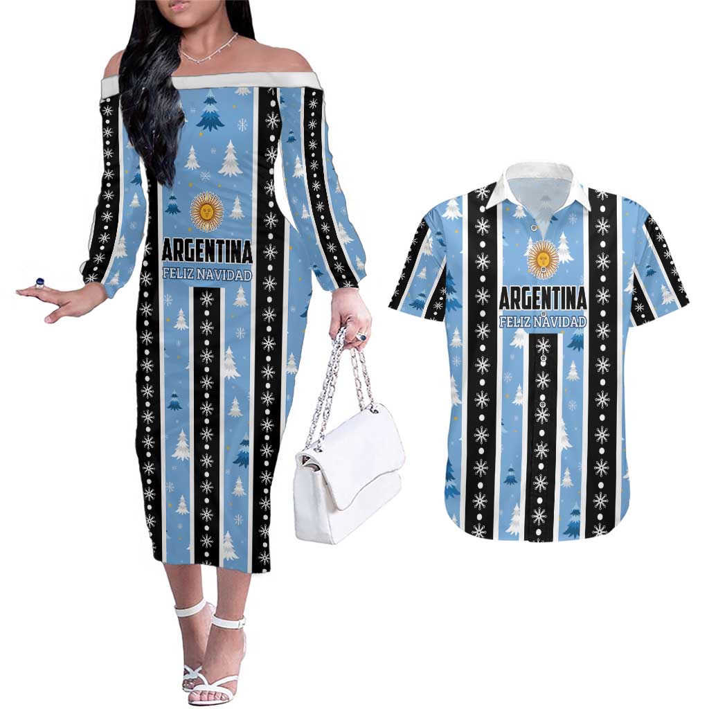 Argentina Christmas Couples Matching Off The Shoulder Long Sleeve Dress and Hawaiian Shirt Feliz Navidad Sol de Mayo - Wonder Print Shop