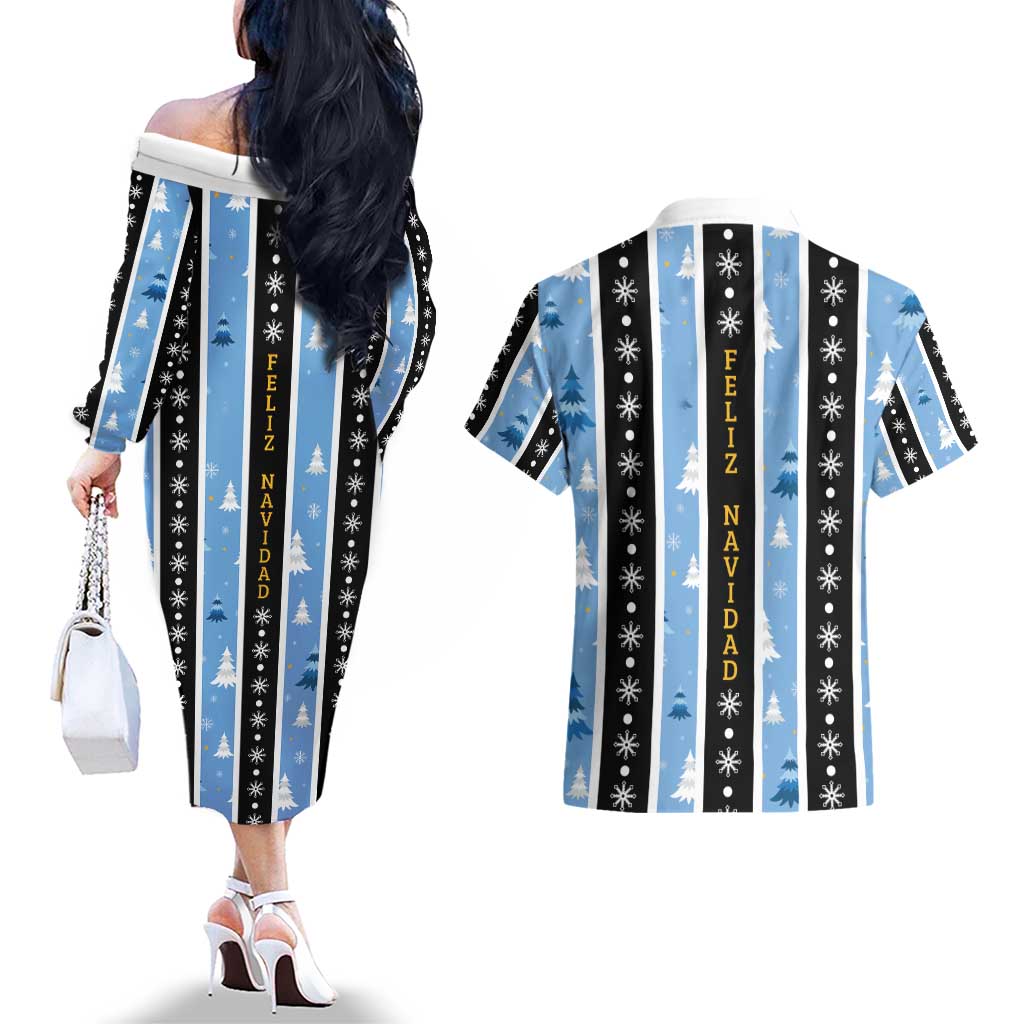 Argentina Christmas Couples Matching Off The Shoulder Long Sleeve Dress and Hawaiian Shirt Feliz Navidad Sol de Mayo - Wonder Print Shop