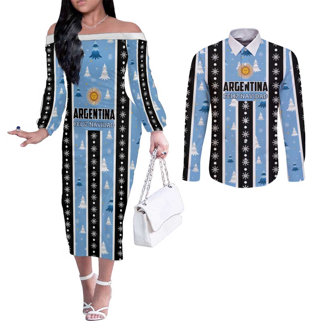Argentina Christmas Couples Matching Off The Shoulder Long Sleeve Dress and Long Sleeve Button Shirt Feliz Navidad Sol de Mayo